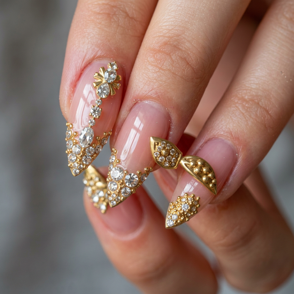 Pink nails with gold rhinestone art